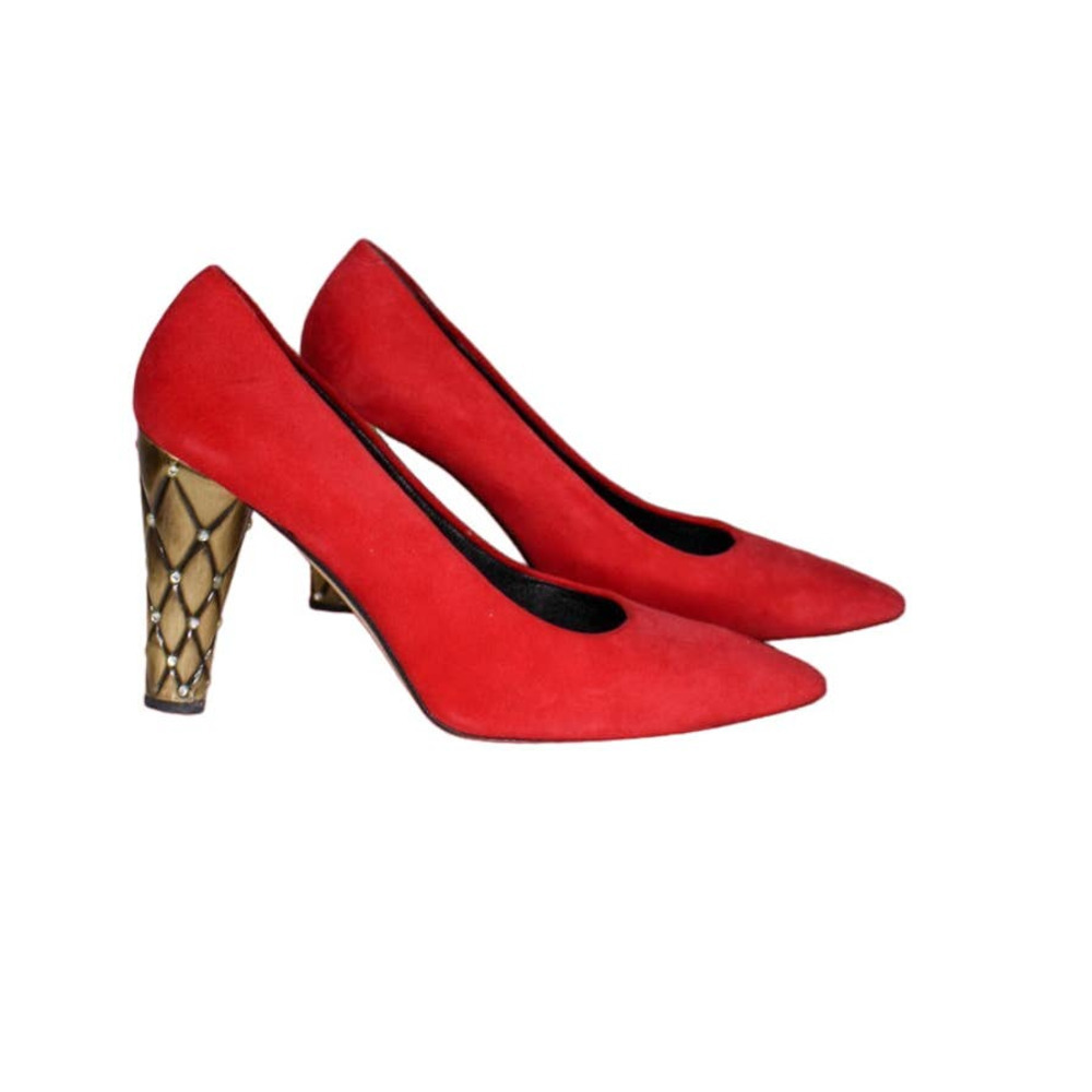Andrea Pfister Couture High Heel Shoes Red Suede Gold Rhinestone Heels Size 7.5